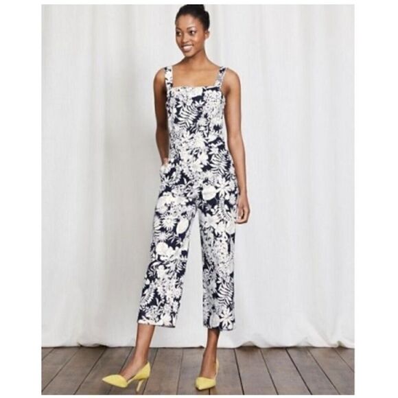 Boden Sleeveless Blue White Floral Linen Blend Amanda Jumpsuit US Size 4 UK 8 - Picture 1 of 12